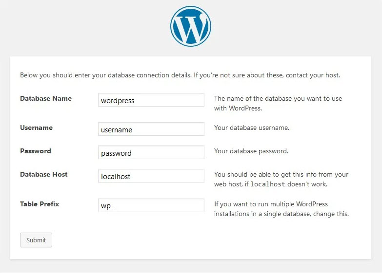 WordPress Install Database Details